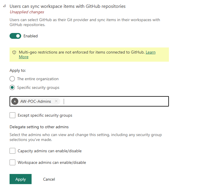 Admin portal — GitHub-specific toggle enabled for AW-POC-Admins security group, with multi-geo warning